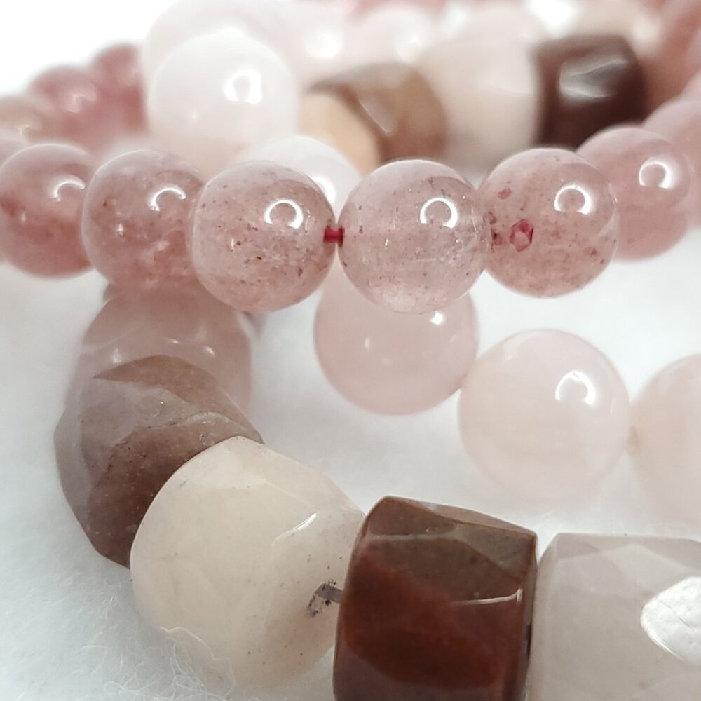 Polished Stone Bracelets Stretch Pink Rose Strawberry Quartz Lot of 3 6-6.5" - Picture 3 of 8